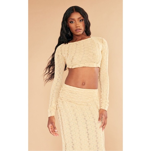 PrettyLittleThing Knit Crop Top & Skirt Set‎ Ruched Bodycon Beige Size 6 NWT - Picture 1 of 13